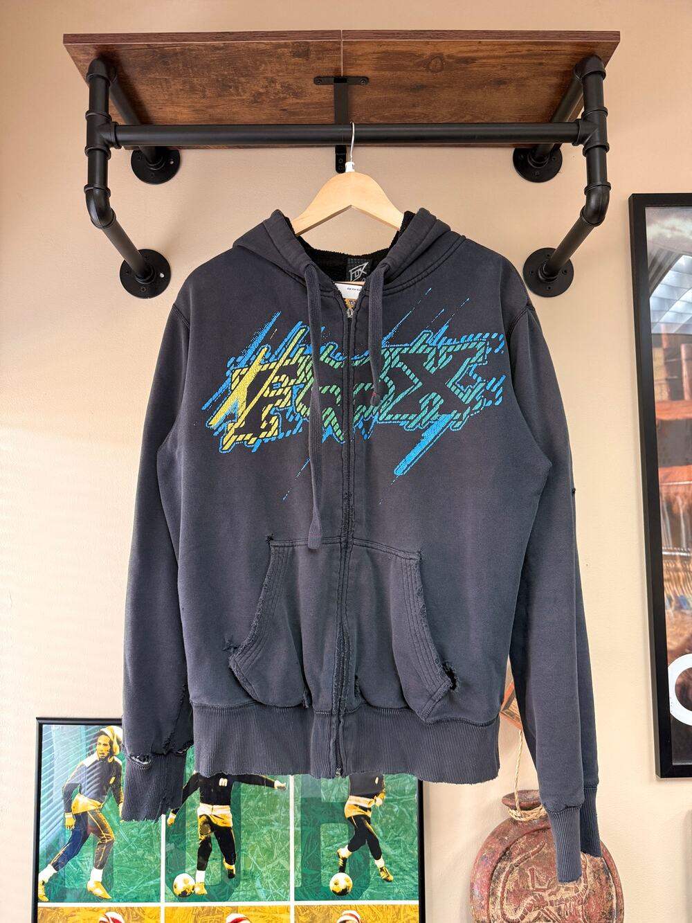 Y2K Fox Racing Vintage Black Blue Zip Up Sweatshirt Hoodie Moto MX No Fear Torq
